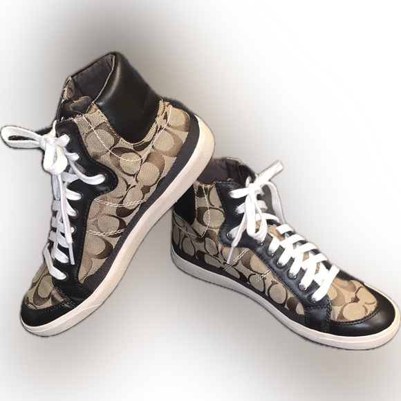 Y2K Coach Ellis Signature Brown Tan Canvas High Top Sneakers Shoes 8.5 Vintage - Picture 1 of 16
